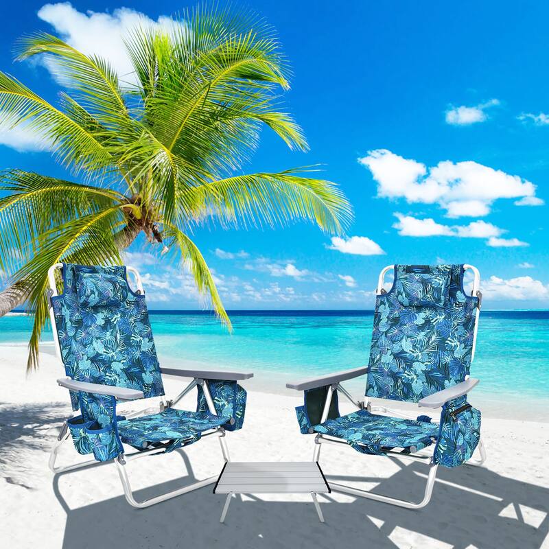 Costway 2-Pack Folding Backpack Beach Chair Table Set 5-Position