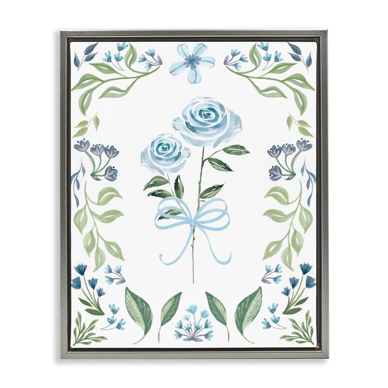 Stupell Blue Roses & Floral Border Framed Floater Canvas Wall Art Design By Kristen Brockmon - 17 x 21 - Grey