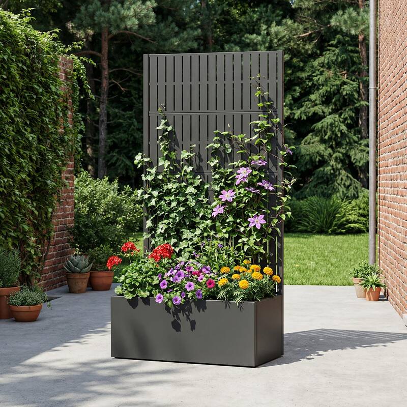 Raised Garden Bed Planter with Trellis Movable Planter Box with Lockable Wheels - 59"x30" - Black