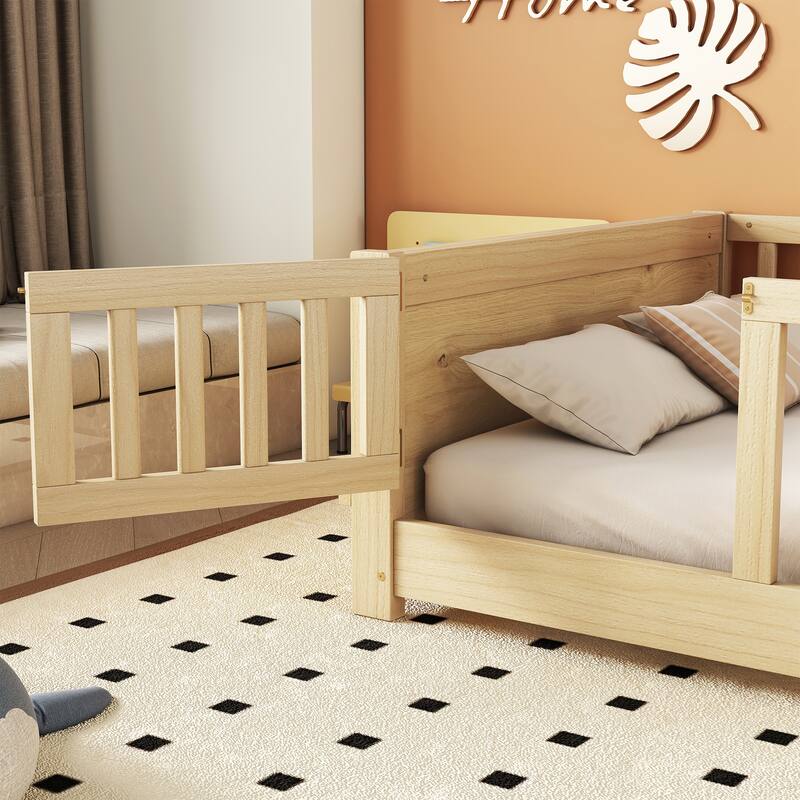 Twin Size Floor Bed Frame for Kids Bed with Fence Guardrails Endbed Storage Splint Platform Bed - Available with or without Door