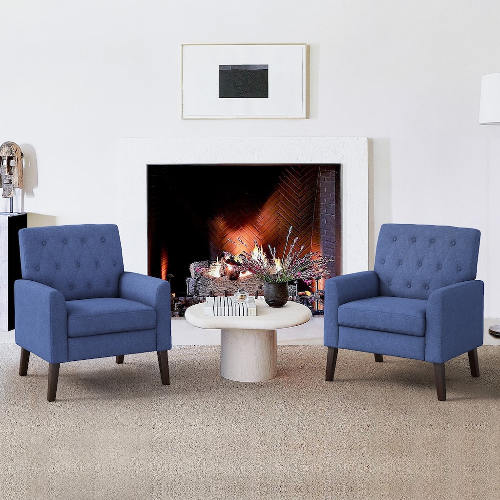 LUE BONA Linen and Walnut Legs Mid Century Modern Button Tufted Accent Chair (Set of 2) - 33.86'' H X 27.95'' W X 29.53'' D