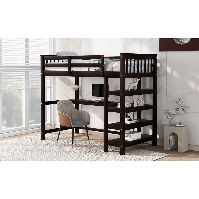 Full/Twin Loft Bed with Integrated Desk and Shelves, Space-Saving Wooden Frame, Durable Pine Wood and MDF, Guardrails Included