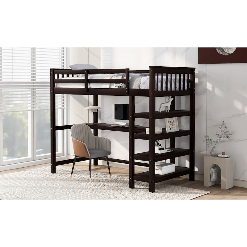 Twin Size High Loft Bed with Storage Shelves and UnderBed Desk Bed