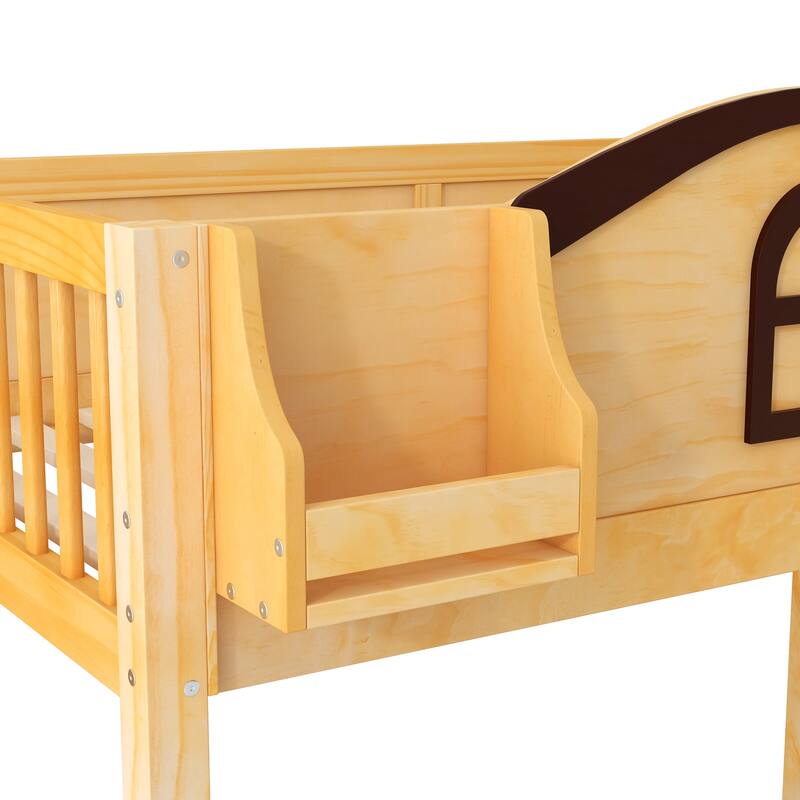 Fairytale Twin Over Full Kids Floor Bunk Bed with Slide, Storage Staircase, Shelves and Wardrobe, Wooden House Bed