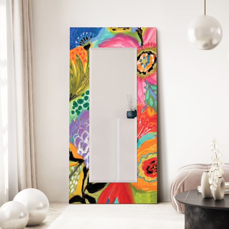 "Secret Garden Floral II" 72"x36" Colorful Rectangular Beveled Leaner Mirror on Free Floating Reverse Printed Tempered Art Glass