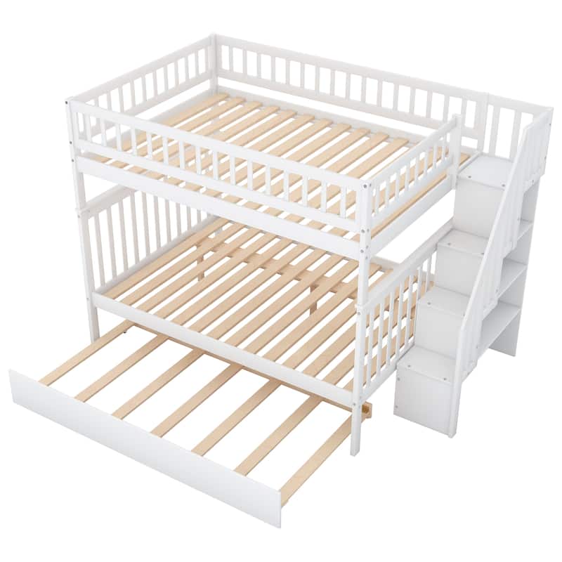 Full over Full Bunk Bed with Trundle and Staircase,Gray