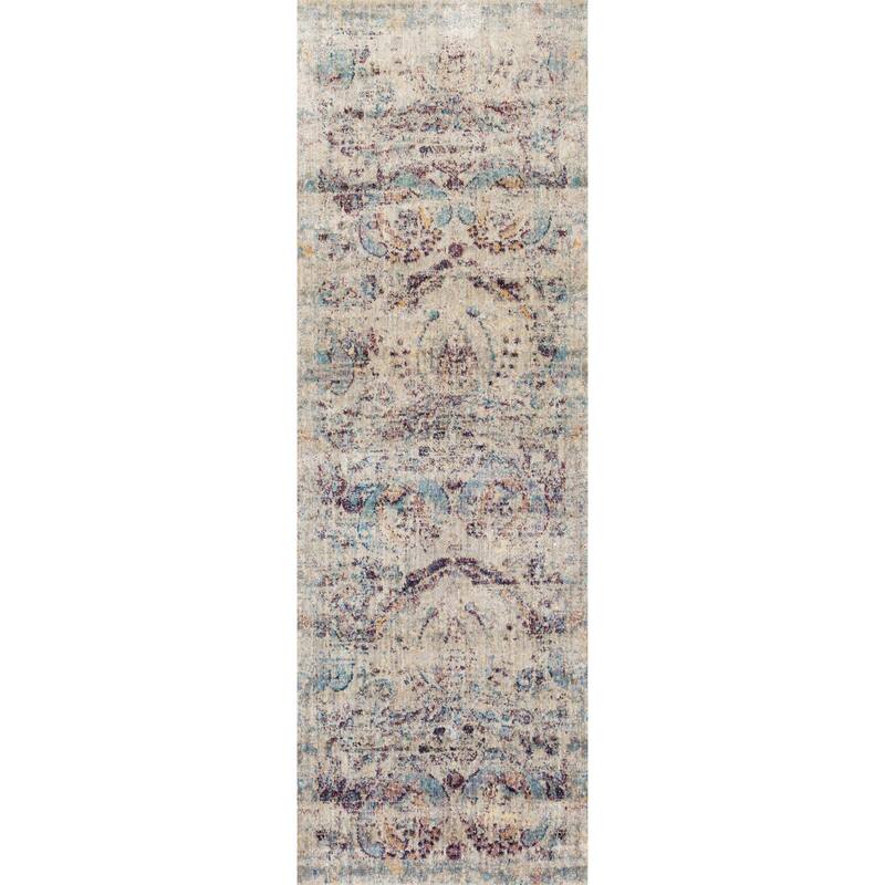 Alexander Home Contessa Traditional Damask Distressed Rug - 2' 7" x 10' - Silver/Plum