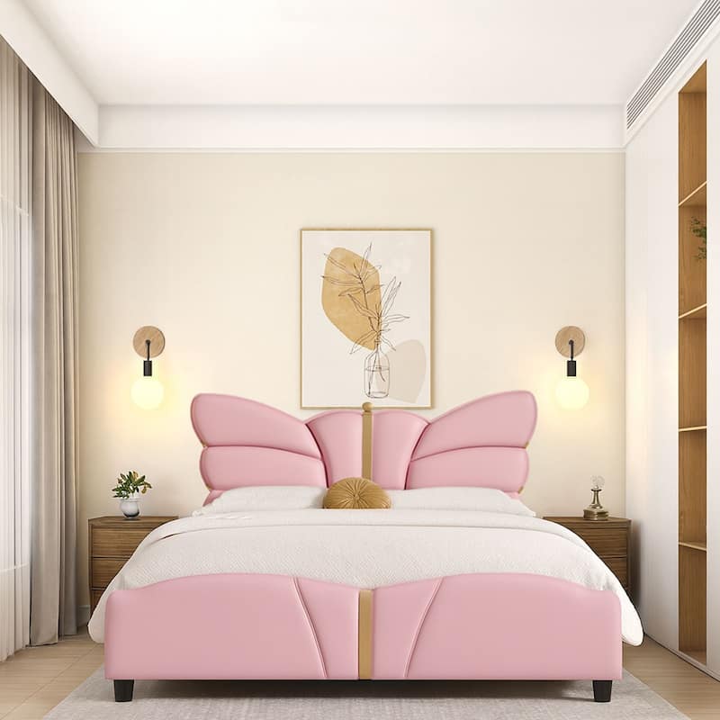 Stylish PU Leather Upholstered Platform Bed - No Box Spring Needed - Light Pink - Queen