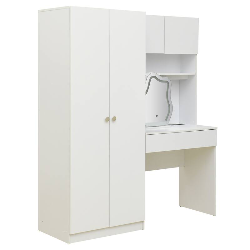 4-in-1 Wardrobe Closet with Makeup Vanity Desk Set, Bedroom Armoire with Lighted Mirror, Double Door Armoire