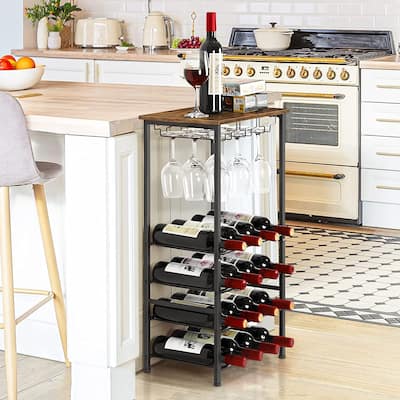 Freestanding Rustic Wine Holder Stand with Wine Storage and Bottle Shelf