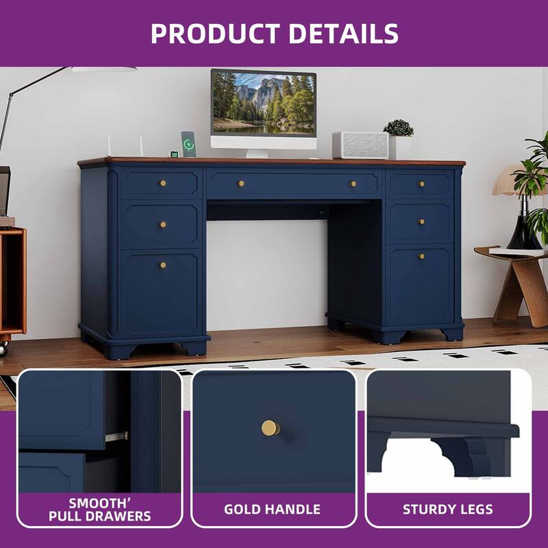 Moasis 59"W Executive Desk with Drawers Wood Home Office Computer Desk