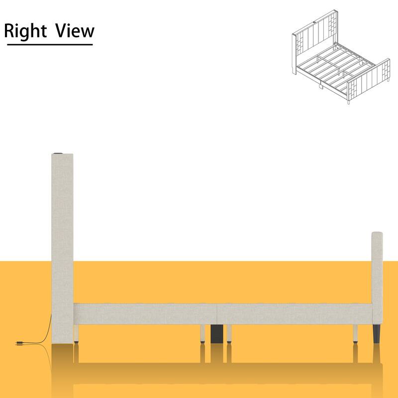 Upholstered Bed Frame with USB Port, Platform Bed with Headboard and Footboard Queen Size