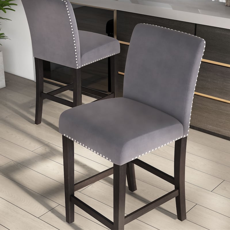 Zahara Glam Grey Velvet Padded Nailhead Counter Height Chairs by Furniture of America (Set of 2)