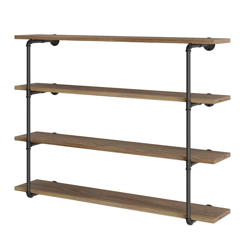 Wallniture 60 Inch Long Floating Shelf, 10" Deep Industrial Pipe Shelves, Living Room Wall Shelves, 4 Tier Storage Shelf, Burnt