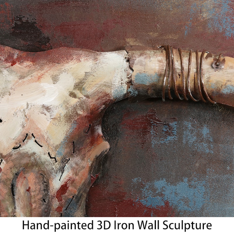 "Long Horn" Mixed Media Iron Hand Painted Dimensional Wall Art Sculpture
