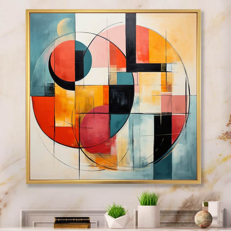Designart "Blue Orange Mid Century Geometric Abstractions I" Mid-century Framed Canvas Wall Art - Gold - 16 in. wide x 16 in. high