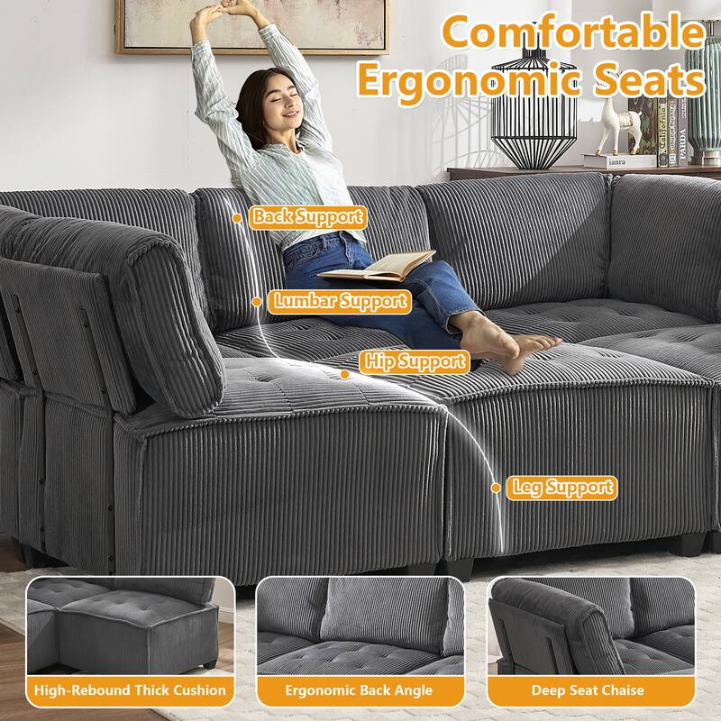 Ergonomic Lounge Modular Couch Corduroy Sectional Sofa with Deep Seat Ottoman Chaise and High-Rebound Thick Cushions