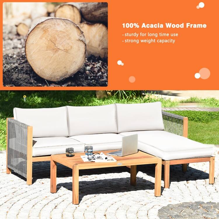 3 Piece Patio Acacia Sofa Set with Nylon Armrest - 52" x 26" x 25"(L x W x H)
