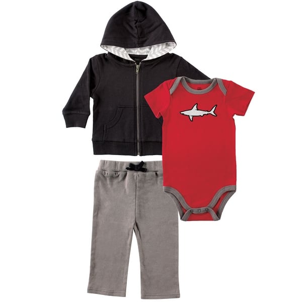slide 1 of 1, Yoga Sprout Baby and Toddler Boy Cotton Hoodie, Bodysuit or Tee Top, and Pant, Shark Baby 0-3 Months - Shark Baby