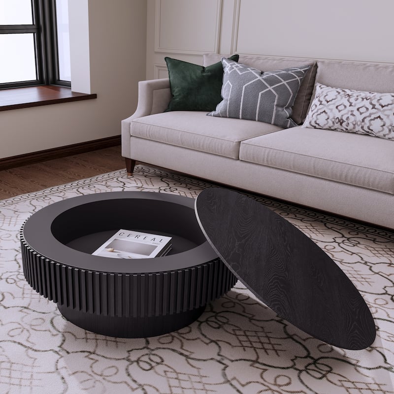 Modern Solid Wood Veneered Round/Oval/Rectangular Coffee Tea Table with Storage. - Black-31.5"