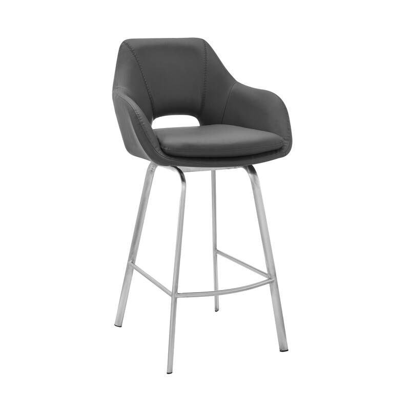30 Inch Swivel Bar Height Stool with Arms and Low Back Fabric Seat Iron Legs for Kitchen Island - 41”H x 22”W x 23”D - Grey and Silver