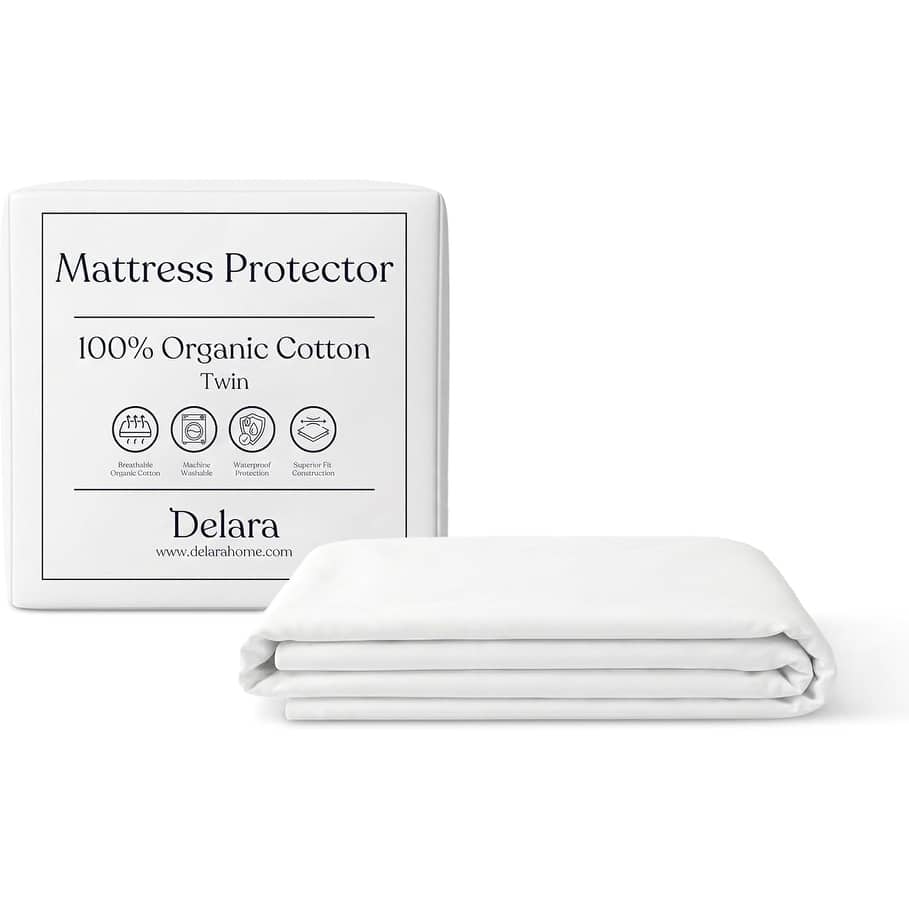 Delara Waterproof Mattress Protector, TPU Membrane, GOTS Certified Organic Cotton Surface, Noiseless & Breathable,19" Pocket
