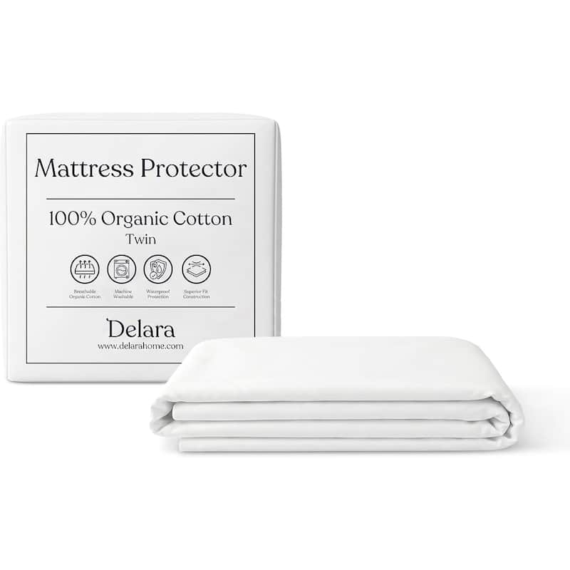 Delara Waterproof Mattress Protector, TPU Membrane, GOTS Certified Organic Cotton Surface, Noiseless & Breathable,19" Pocket - Twin(39"X75")