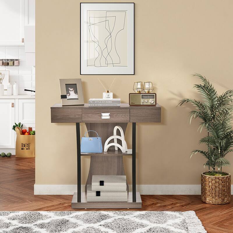 Gymax Console Sofa Table w/ Drawer and 2-Tier Shelves for Entryway