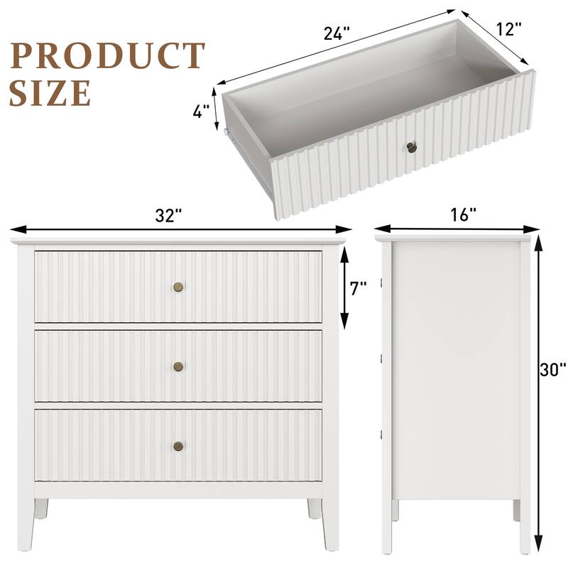 Fluted 3 Drawer Dresser for Bedroom