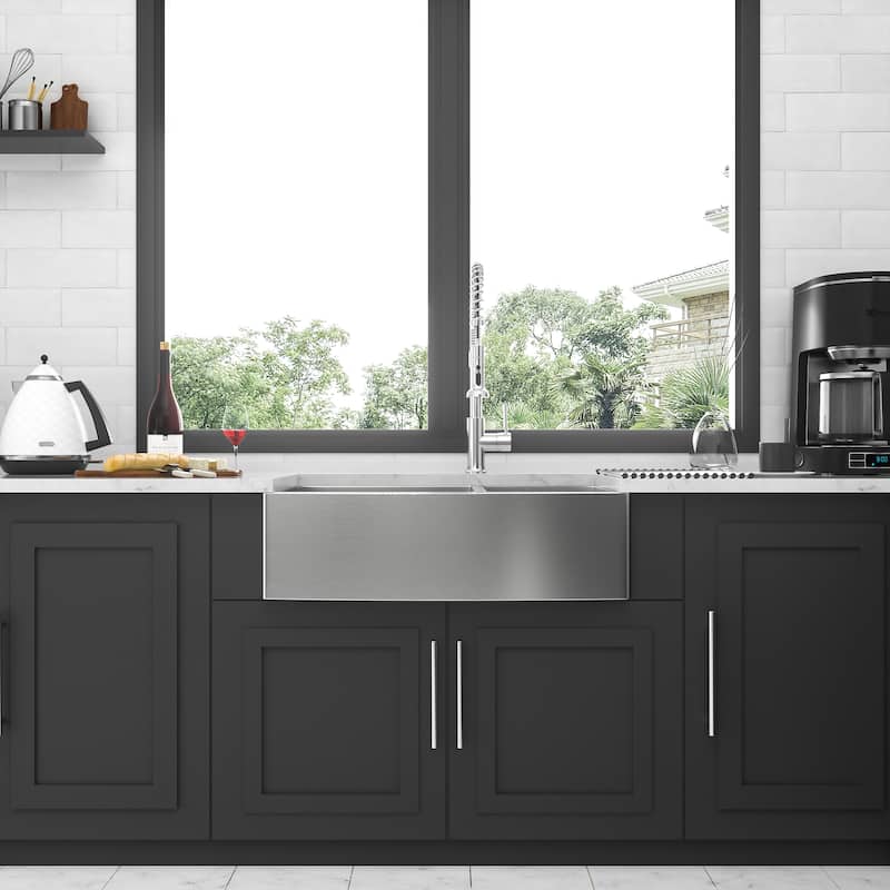 Farmhouse 16 Gauge Double Bowl Stainless Steel Kitchen Sink in Brushed Nickel - 36'' x 20'' x 9''