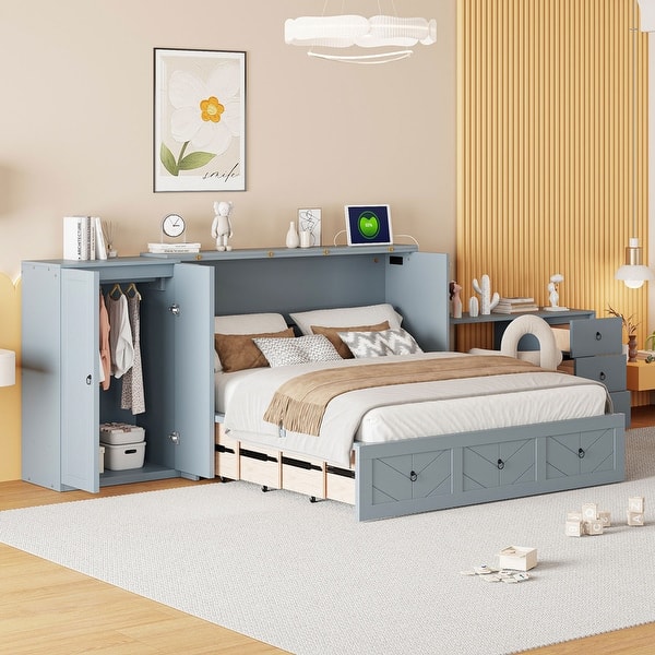slide 2 of 32, Queen Size Murphy Bed with USB Port, Large Drawer, and Wardrobe/Desk Combo – Versatile Cabinet Bed Grey