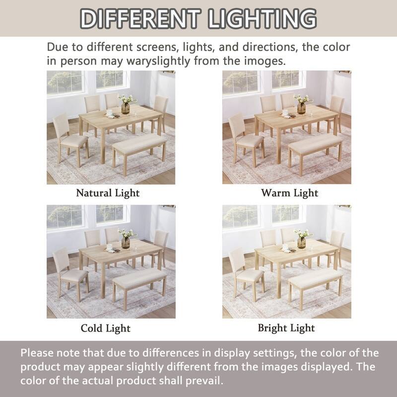 Farmhouse 6-Piece Wooden Dining Table Set with Comfortable Upholstered Chairs and Bench for Family Meals