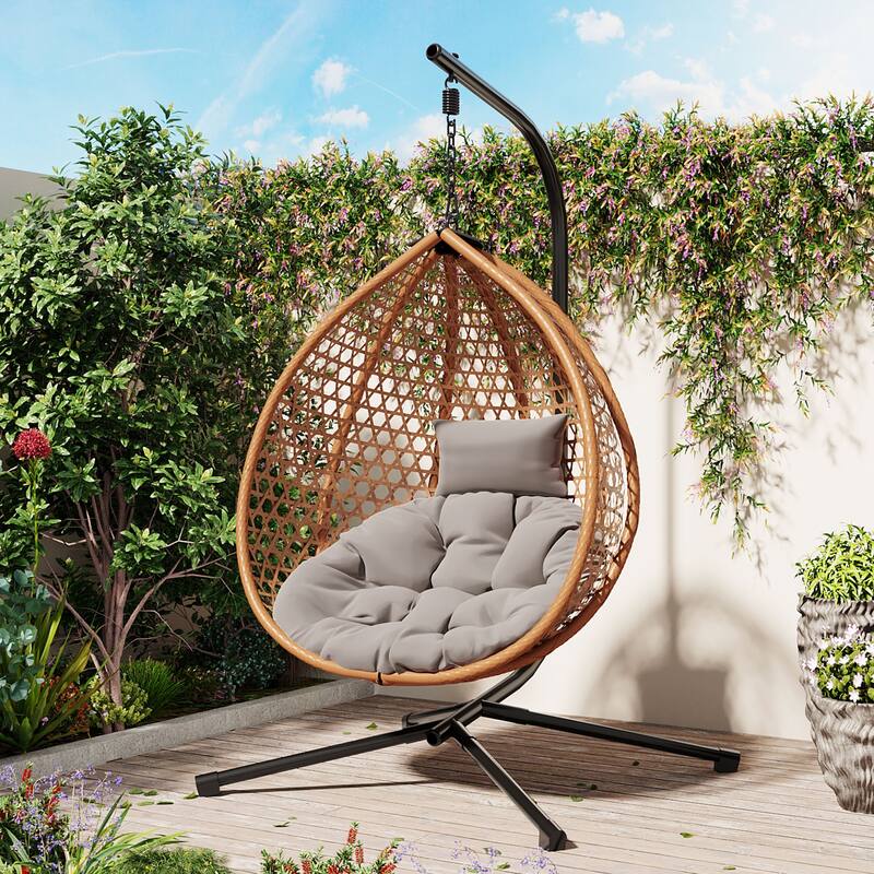 Sturdy Hammock Chair with Stand, Rattan Hanging Egg Chair with Soft Removable Cushion Swing Chairs for Balcony - Brown+Grey