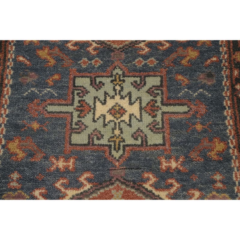 Hand Knotted Oriental 100% Wool Carpet Traditional Geometric Navy Blue & Blues Kazak Area Rug - 10' 1'' X 2' 6''
