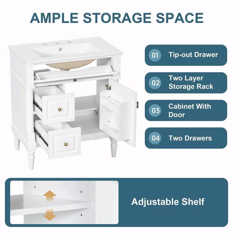 36" Bathroom Vanity with Sink, Freestanding Bathroom Cabinet with Ceramic Basin, Flip Drawer