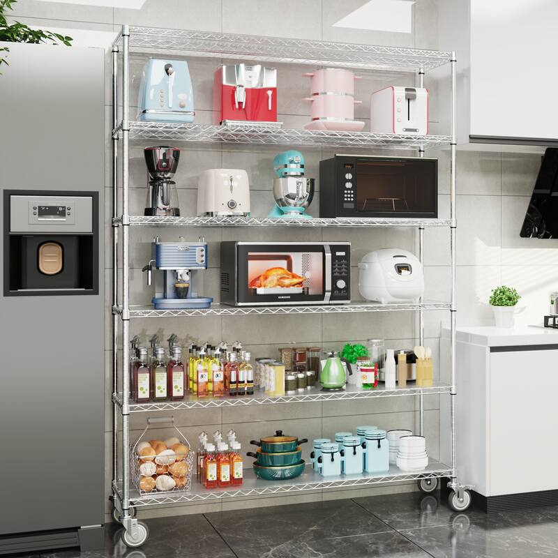 Adjustable Height 6 Tier Metal Wire Shelving Unit with Wheels - Chrome