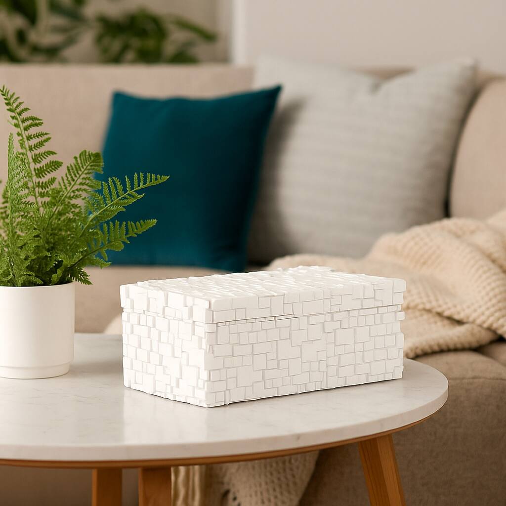 Lissa Decorative Storage Box, Matte White Textured Resin, 13 Inch