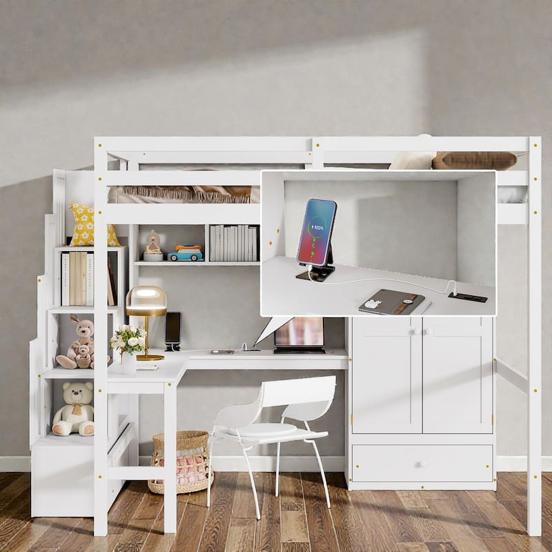 Full Size Wood Loft Bed with Desk, Wardrobe and Storage Staircase, USB Charging Station, Safety Guardrails