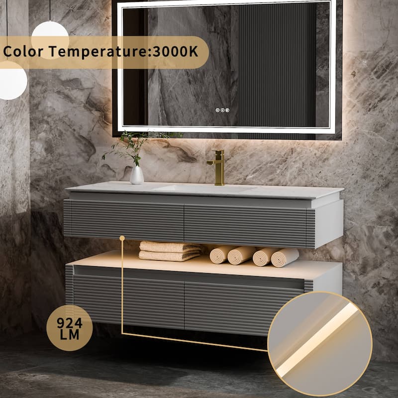 Modland 48" Modern Wall-Mounted Single Sink Bathroom Vanity with Engineered Stone Countertop,Soft-Close Drawers