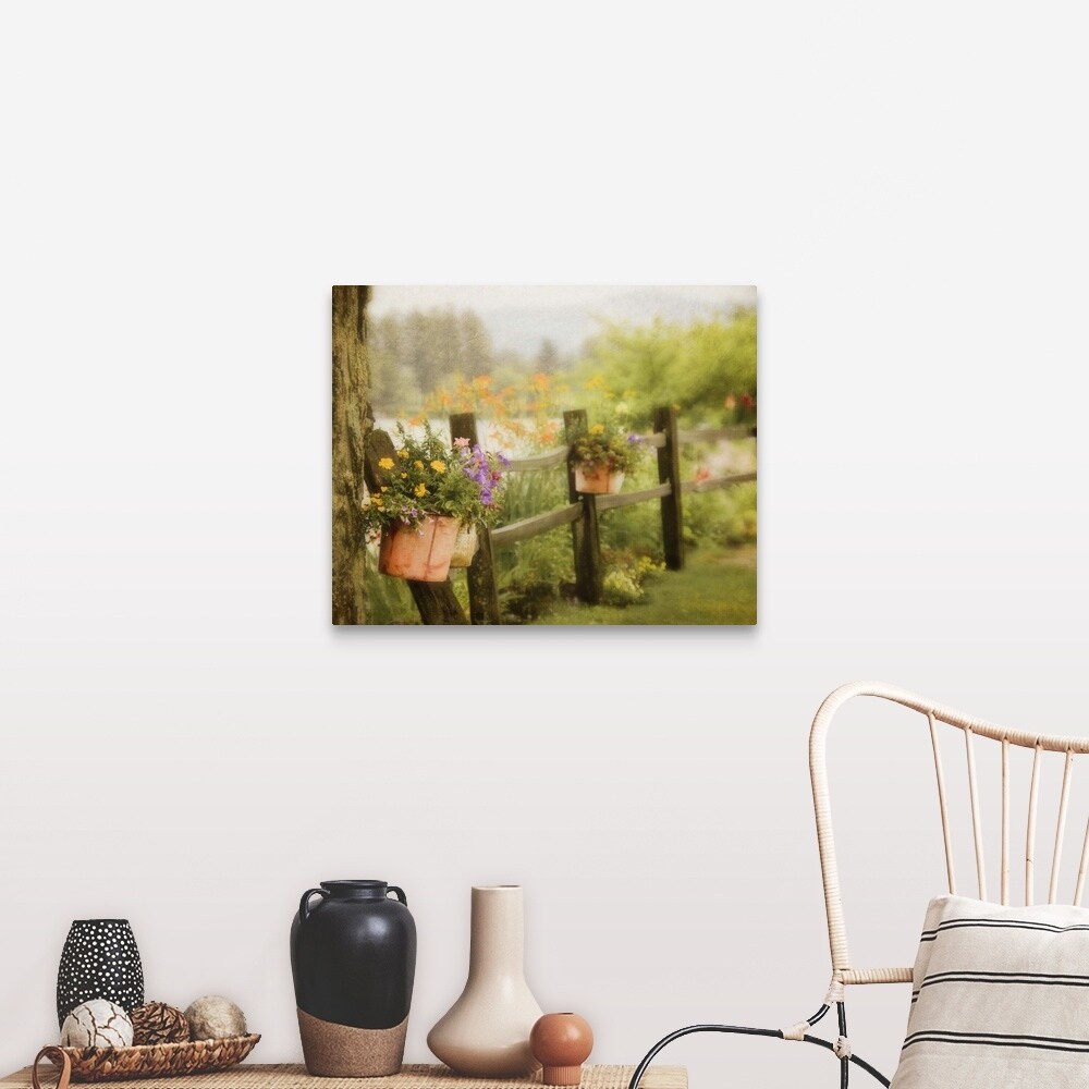 Shop Rustic Wooden Fence With Flowers In Clay Pots Hanging On