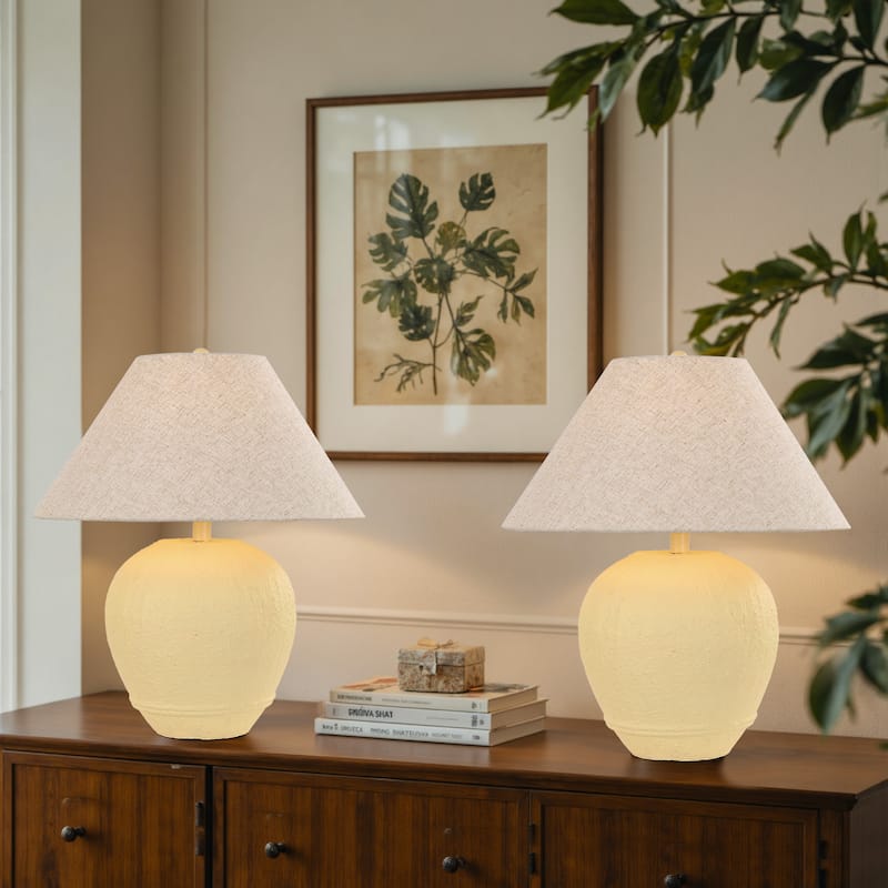 21.6" Modern Ceramic Table Lamp With Linen Shade for Living Room Bedroom - Cream-Set of 2