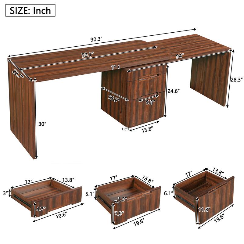 Merax 360 Modern L-Shape Rotating Desk with 3 Drawers and Space-Saving Convertible Workstation