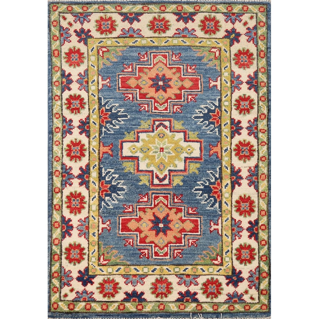Blue Geometric Kazak Oriental Foyer Rug Hand-Knotted Wool Carpet - 2'0"x 3'0"