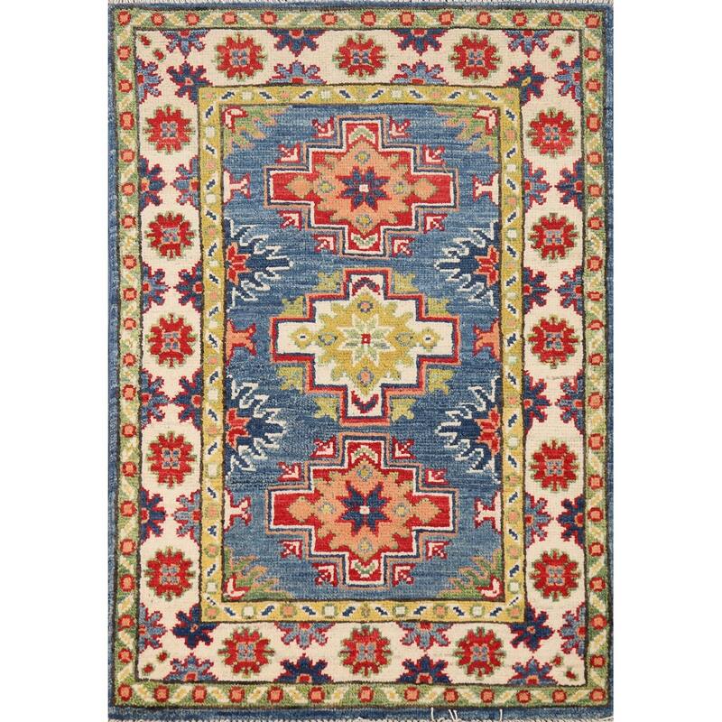 Blue Geometric Kazak Oriental Foyer Rug Hand-Knotted Wool Carpet - 2'0"x 3'0"