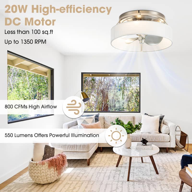 12.6-inch Brushed Nickel Fabric Caged Flush Mount Ceiling Fan with Light and Remote - Brushed Nickel