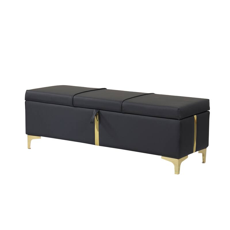 Faux Leather Storage Ottoman Bench, End of Bed Storage Benches, Modern Accent Bench with Metal Legs