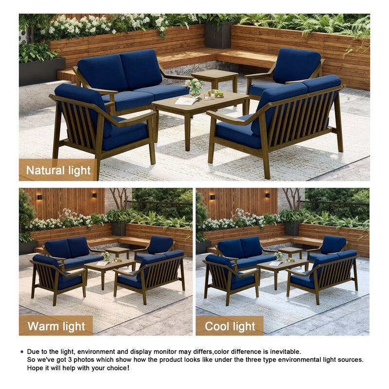 6-piece Wood Patio Chat Set Teak Conversation Set with Cushion