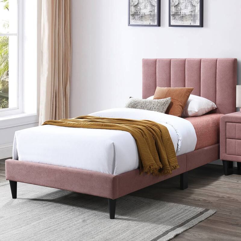 Brushed Linen Fabric Adjustable Headboard Twin Bed with Channel Tufting Design