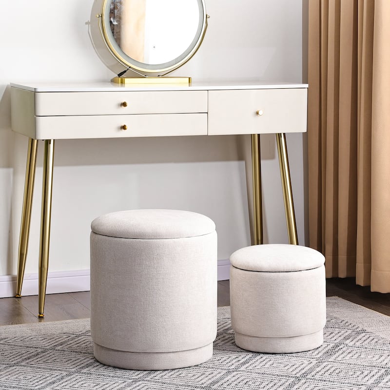 Adeco 2-Piece Round Fabric Storage Ottoman Set with Removable Lids