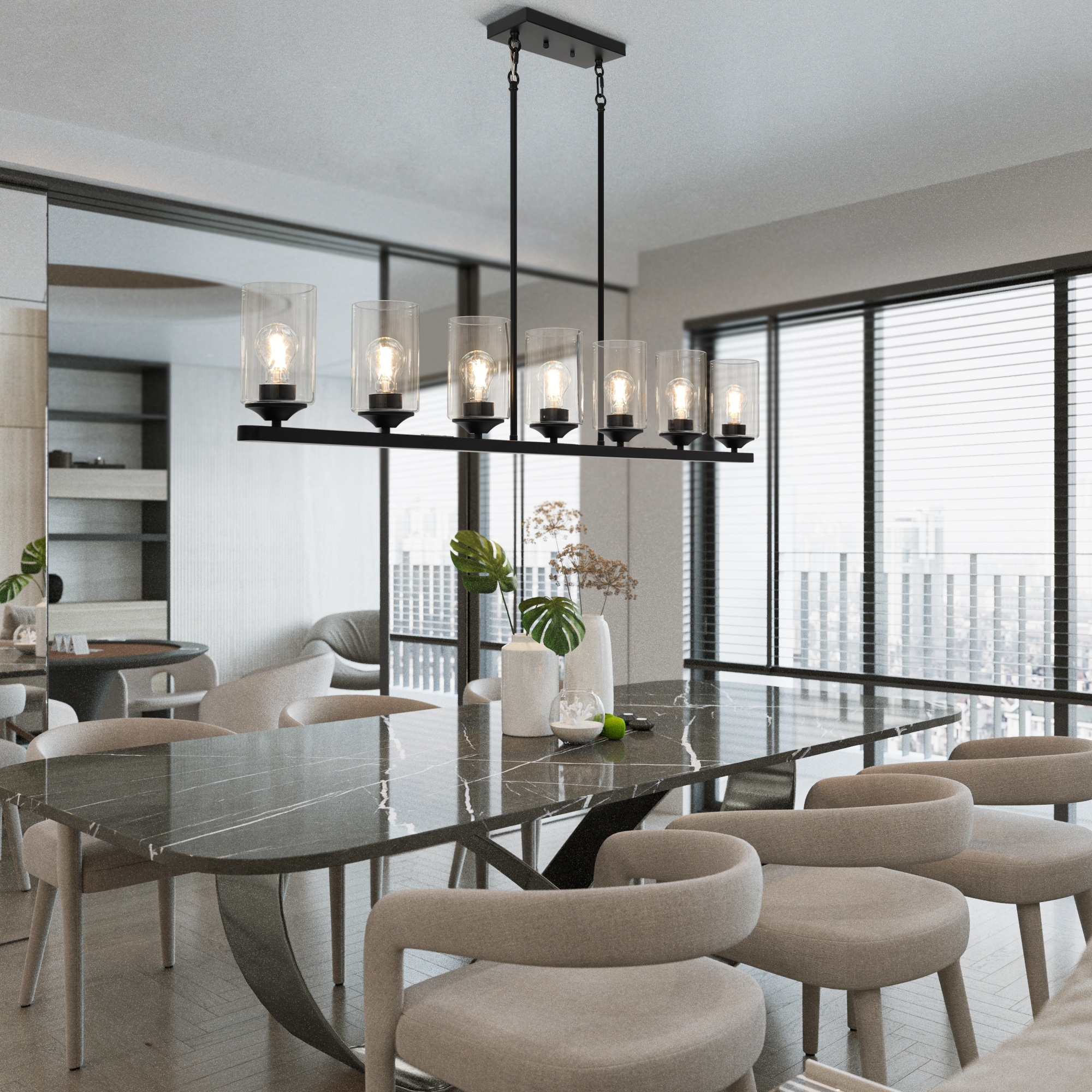 20.7" Black Drum Glass Chandelier – 4-Light Round Ceiling Pendant, Handmade Hammered Glass, Adjustable Height, E26 Dimmable, For Dining Room, Kitchen Island, Foyer, Living Room